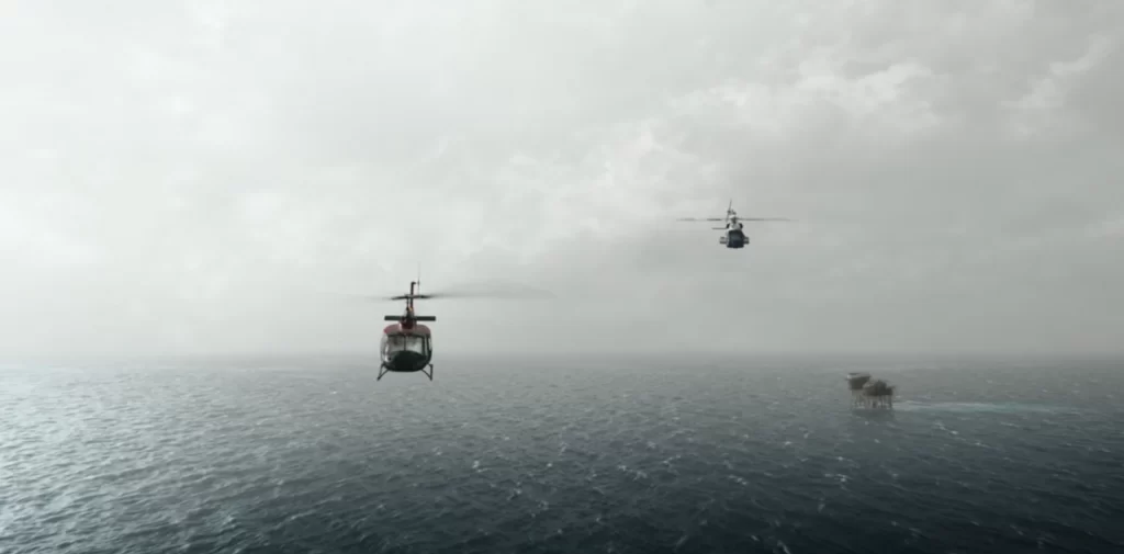 the rig ending crew escaping on a helicopter